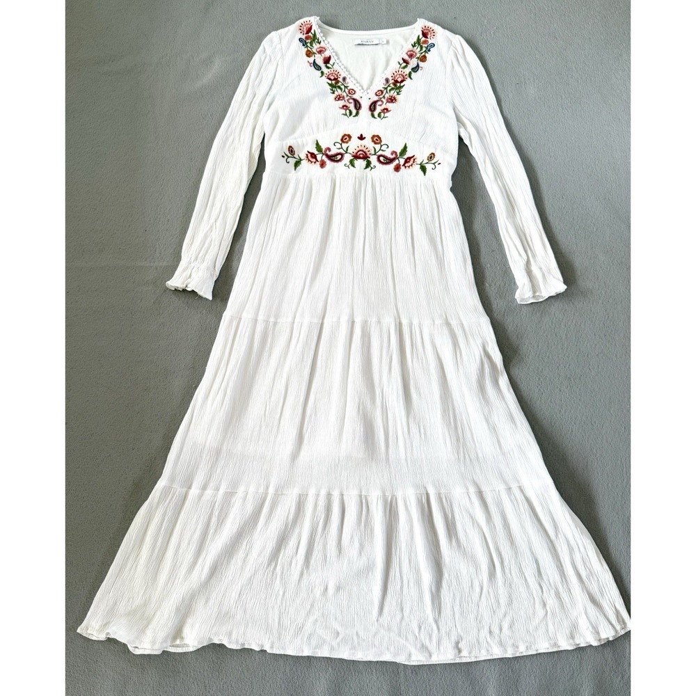 Embroidered Boho Prairie Maxi Dress White Cottagecore Peasant Romantic Large